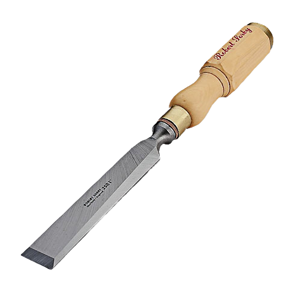 Wood handle bench chisel with octagonal grip and sharp steel blade for wood carving and home improvement tasks