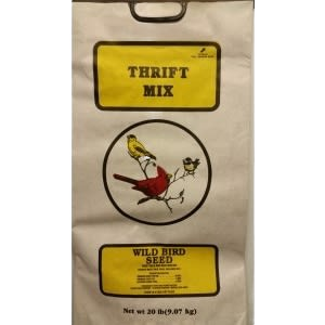 Large beige bag of thrift mix wild bird seed with illustration of birds perched on a branch for outdoor feeding