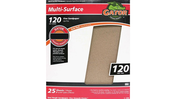 Package of Gator 120-grit multi-surface fine sandpaper sheets for sanding and finishing in home improvement tasks