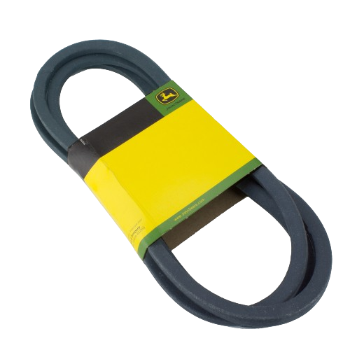 Black mower deck drive belt with yellow and green branded packaging for tools and home improvement projects