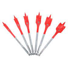 Set of six red spade drill bits with steel shanks for fast, clean wood drilling in power tool accessories collection.