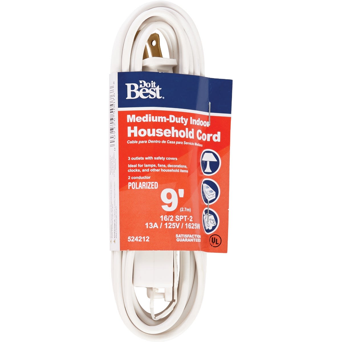 White medium-duty extension cord with three outlets and polarized plug for indoor home improvement use