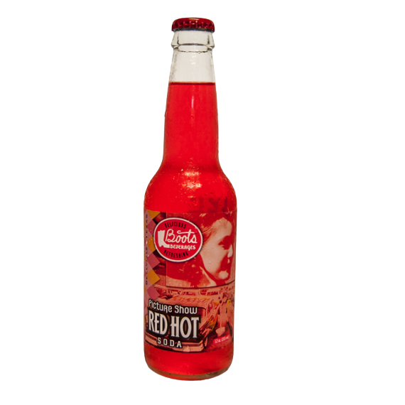 Glass bottle of red hot soda with vintage-style label, part of food and beverage drinks under $25 collection