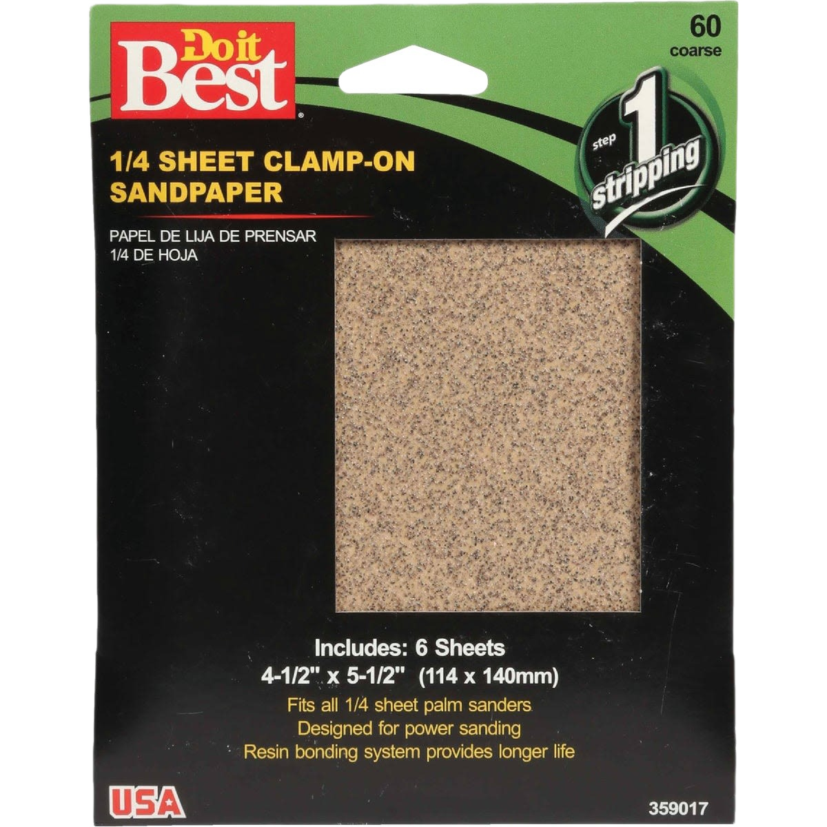 Set of six 60-grit coarse sandpaper sheets sized for 1/4 sheet palm sanders, designed for power sanding tasks