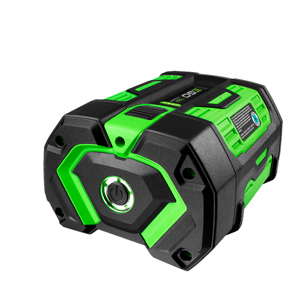 Black and green cordless 7.5Ah battery with fuel gauge and power button for tools and home improvement use