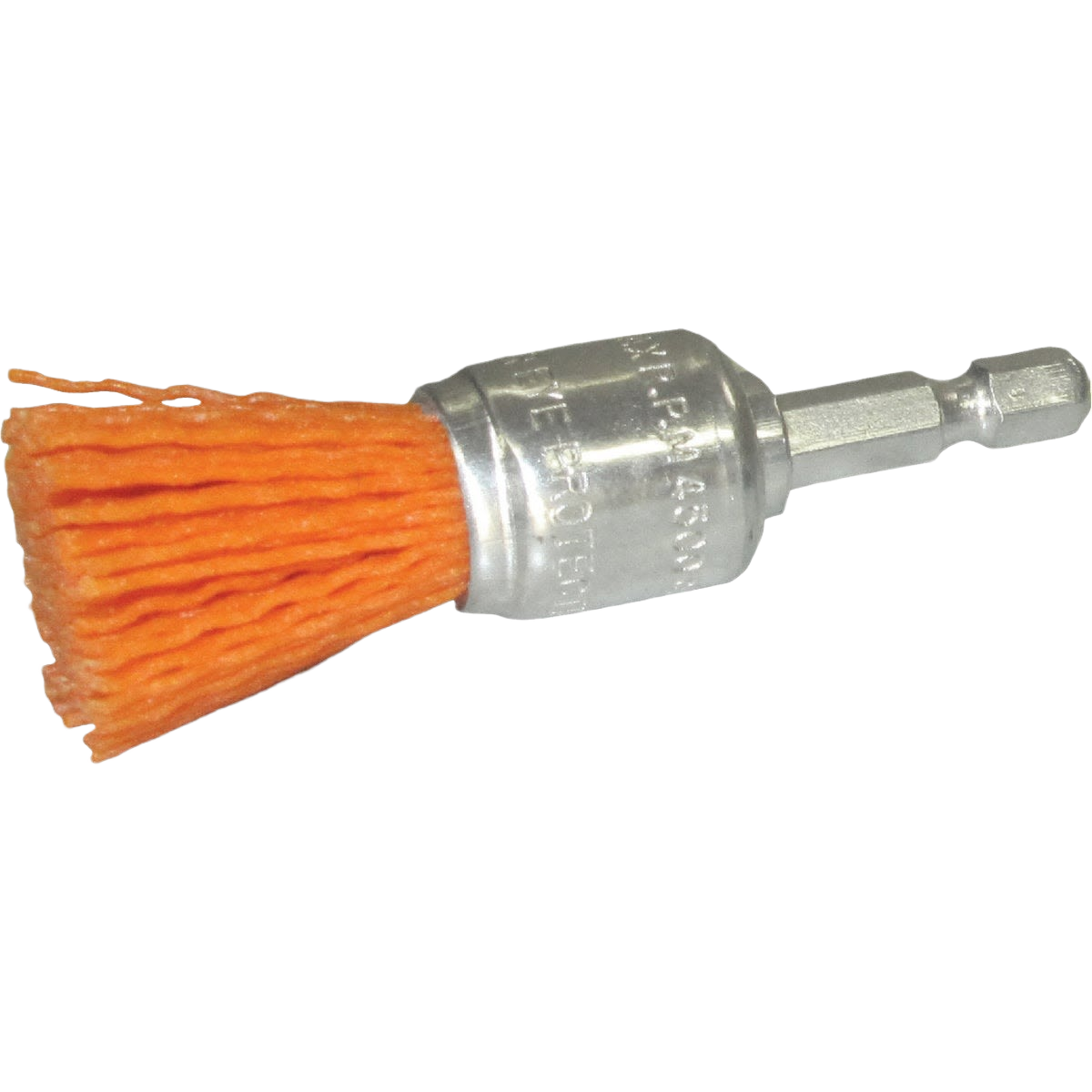 3/4 inch coarse end brush with orange bristles and metal hex shank for power tool attachments and home improvement tasks