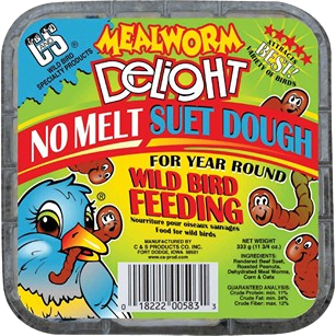 C&S Mealworm Delight no melt suet dough for year-round wild bird feeding with mealworm illustrations on packaging