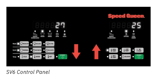 Black control panel for commercial coin drop front load washer and gas dryer with digital display and cycle options