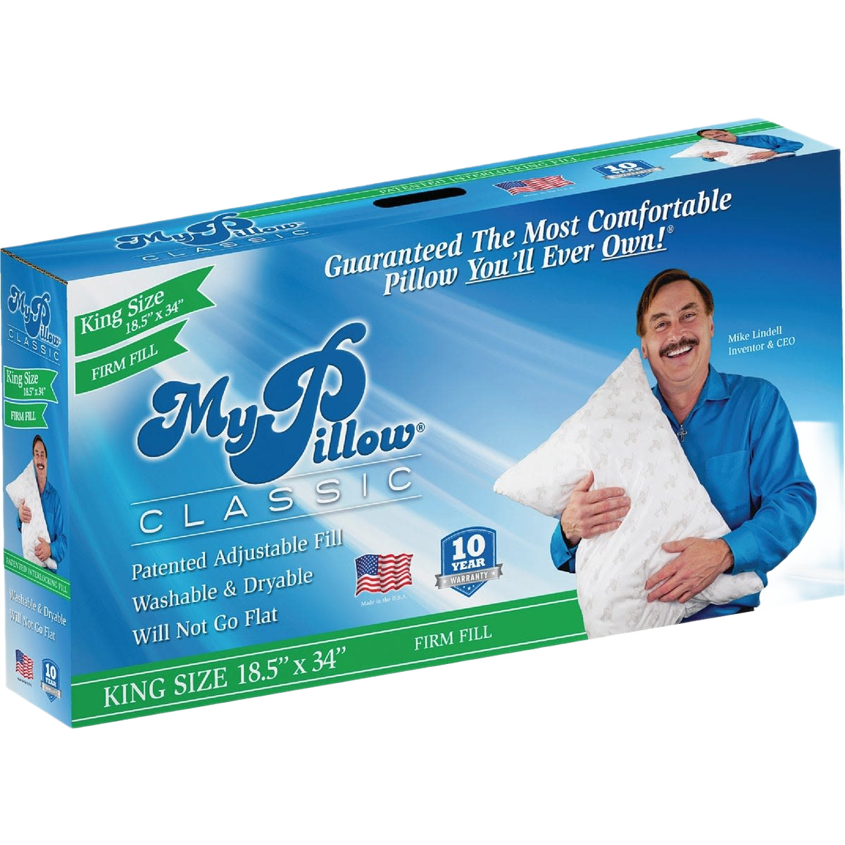 Blue and green packaging for firm fill king size pillow with man holding a white pillow on front panel