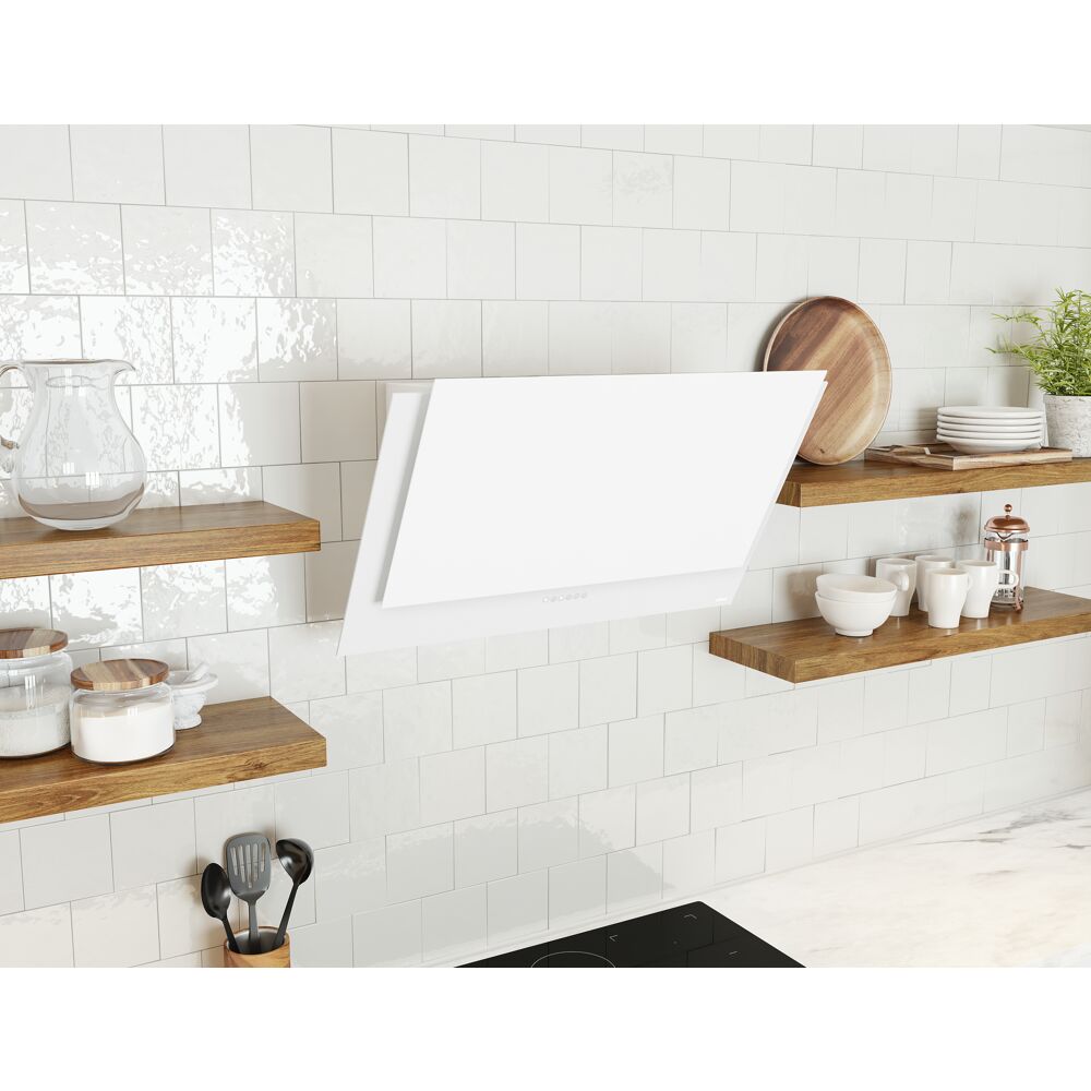 White angled wall hood with capacitive touch controls and LED lighting in modern kitchen with wooden shelves and white tile backsplash