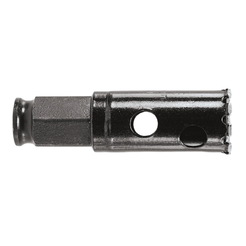 Black diamond-tipped hole saw bit with hex shank for drilling hard materials in power tools and home improvement collections