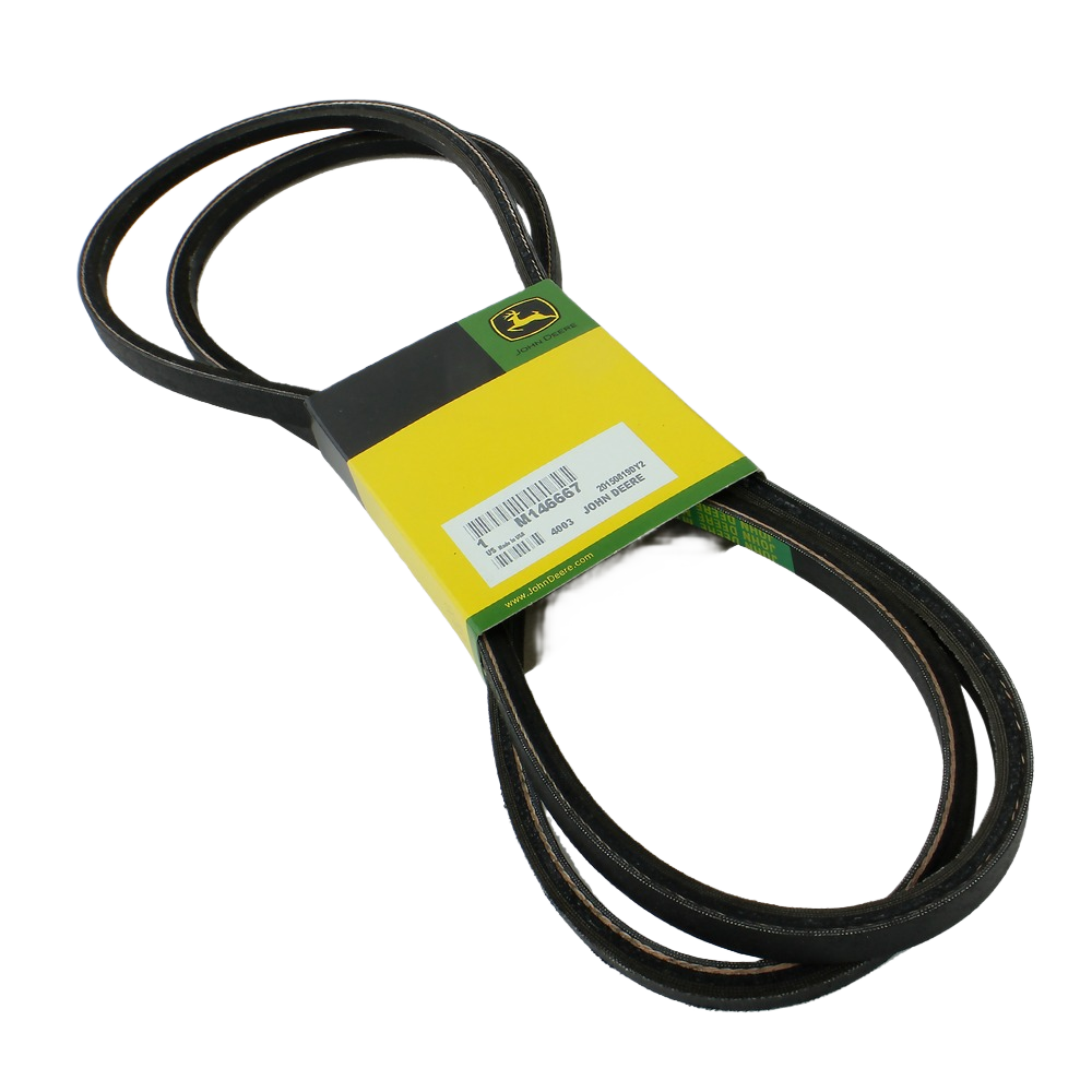 Black rubber drive belt with yellow and green packaging for powertrain use in tools and home improvement tasks