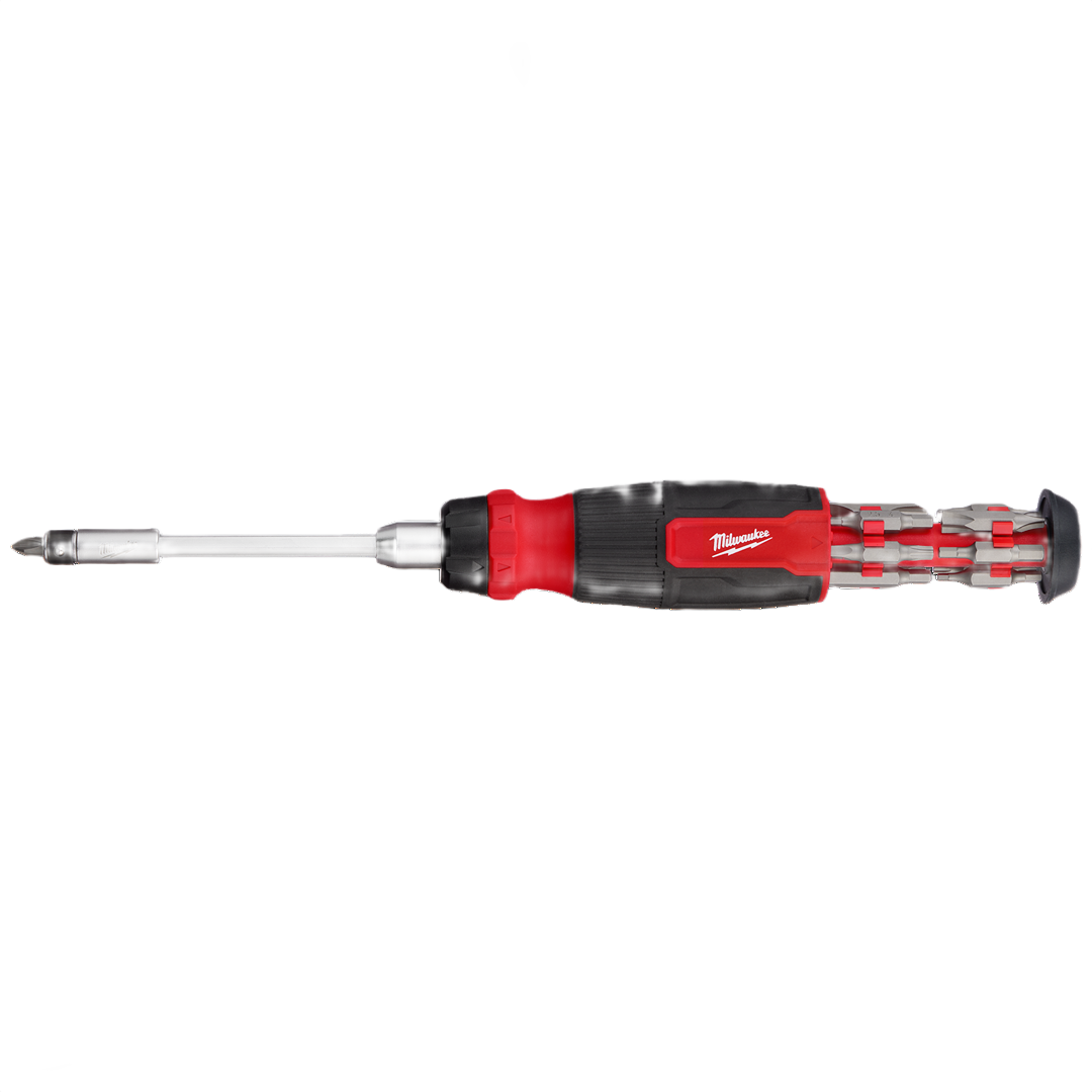 Red and black ratcheting multi-bit screwdriver with ergonomic grip and 27 interchangeable bits for home improvement tasks