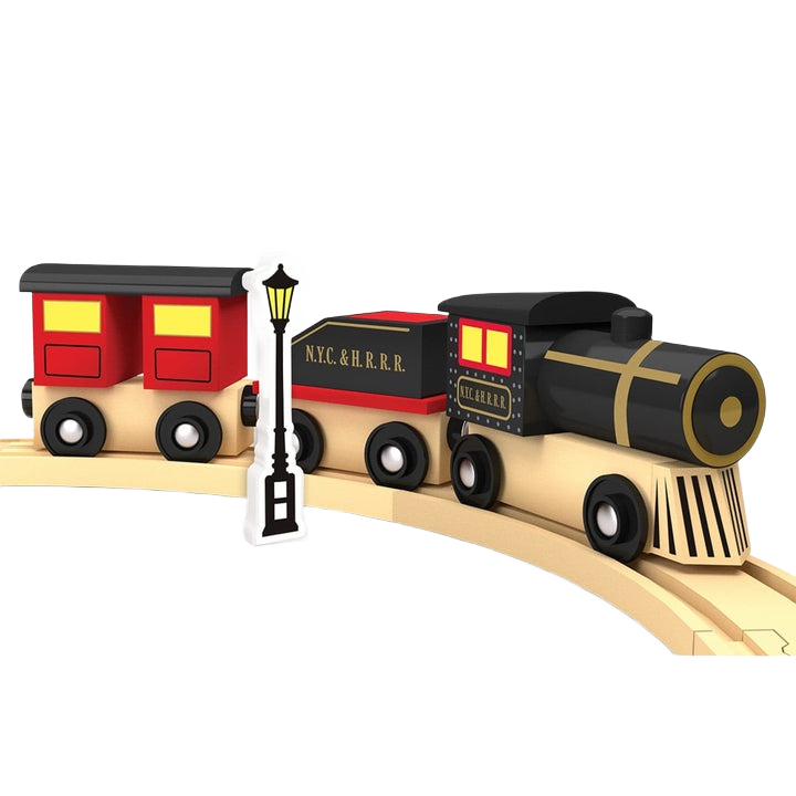 Wooden toy steam engine train set with red and black cars on curved wood tracks with a black lamp post