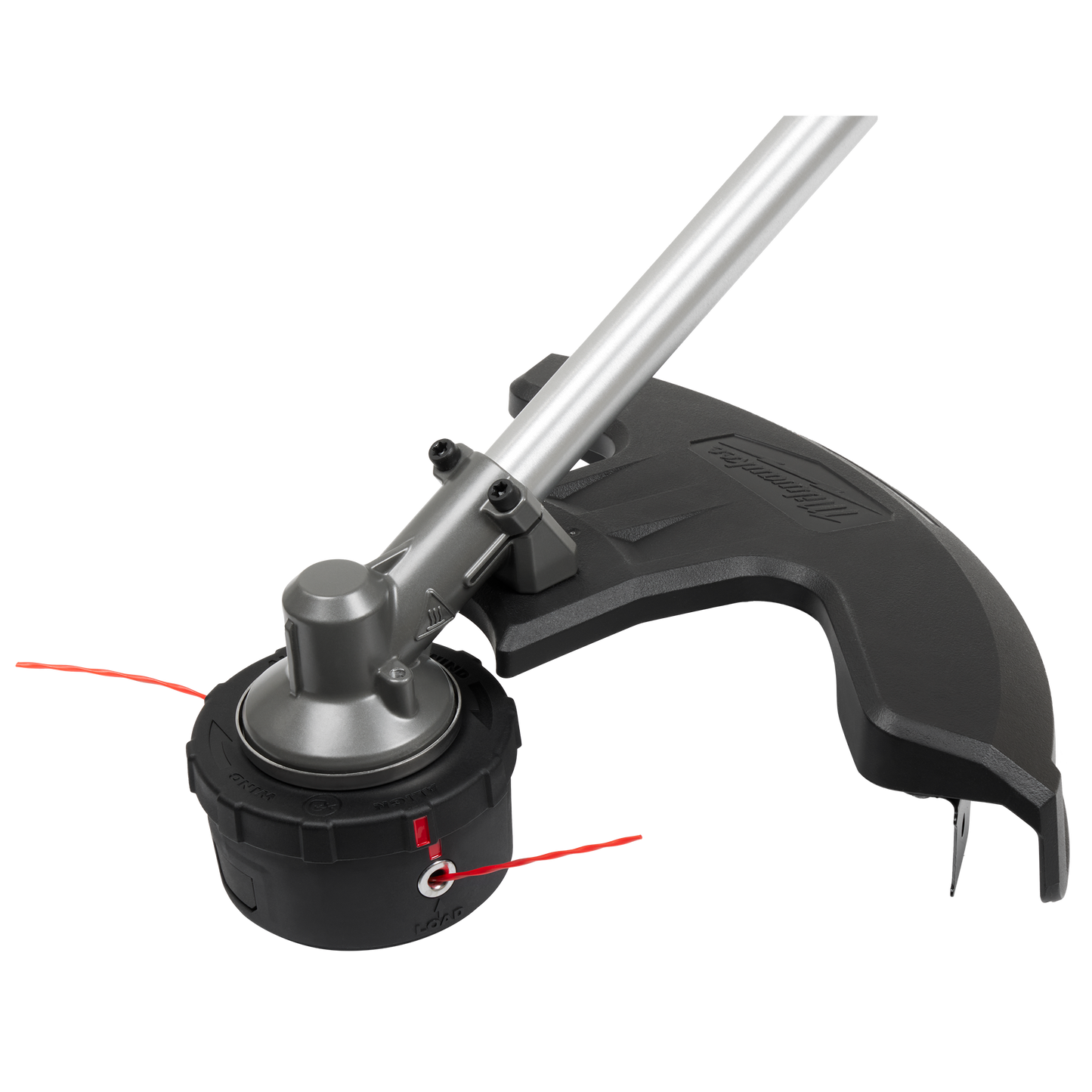 Close-up of black cutting head with red trimmer line and protective guard on Milwaukee M18 FUEL™ brush cutter for home improvement