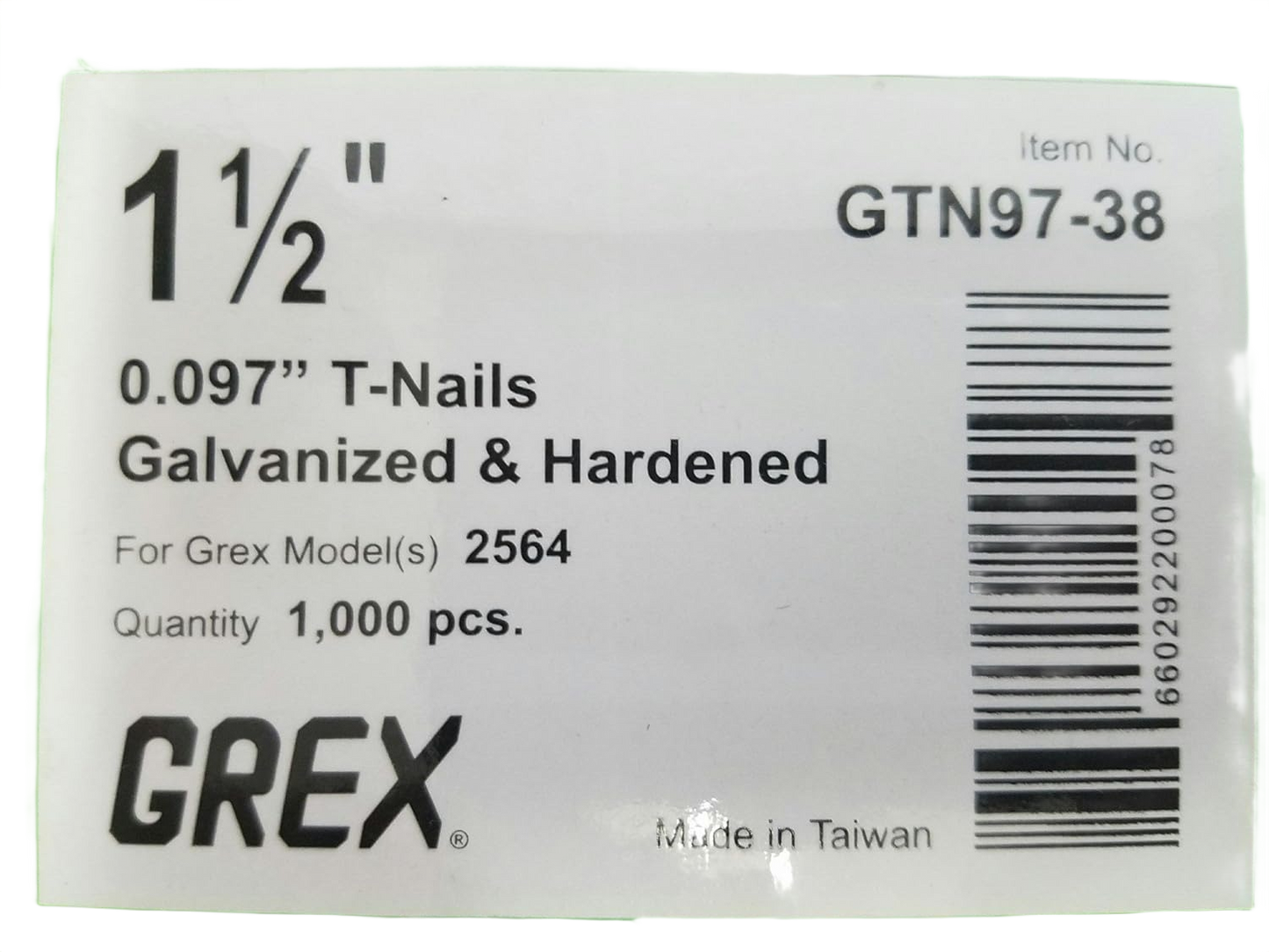 Box label showing specifications for galvanized and heat-hardened T-nails for hardware and home improvement use