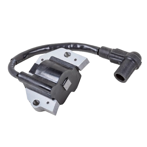 Black ignition coil with mounting bracket and attached spark plug wire for automotive and John Deere parts collections