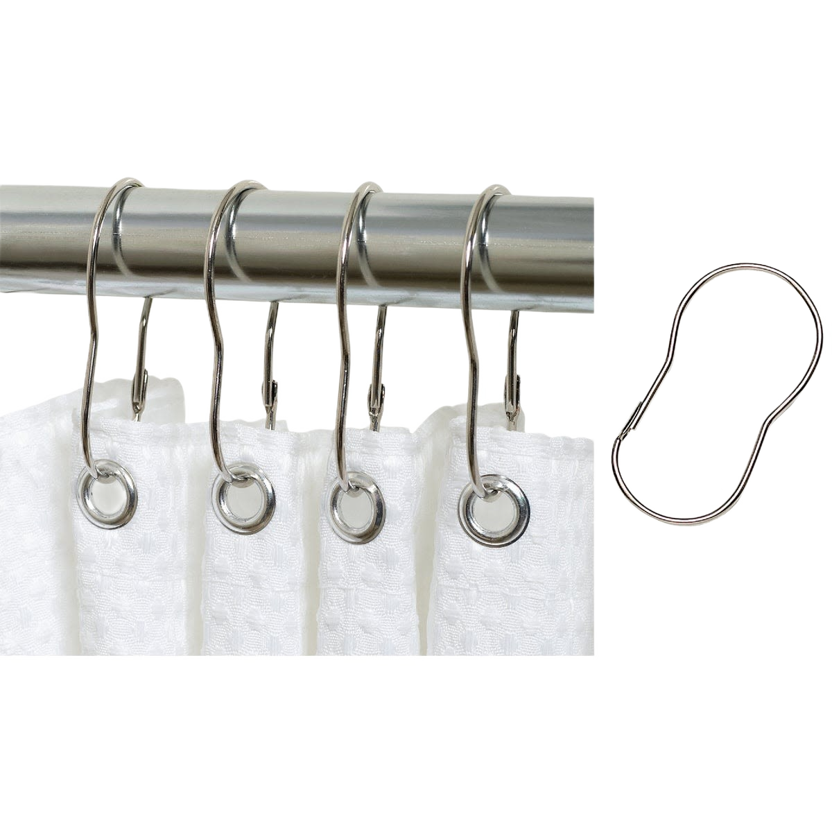 Simple silver wire hooks hanging a white shower curtain on a metal rod for bathroom accessories and home improvement projects