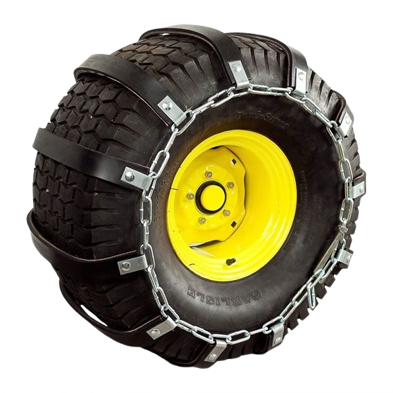 Rubber traction belt with metal chain and black straps secured on a tire with yellow rim for enhanced grip in tools and home improvement