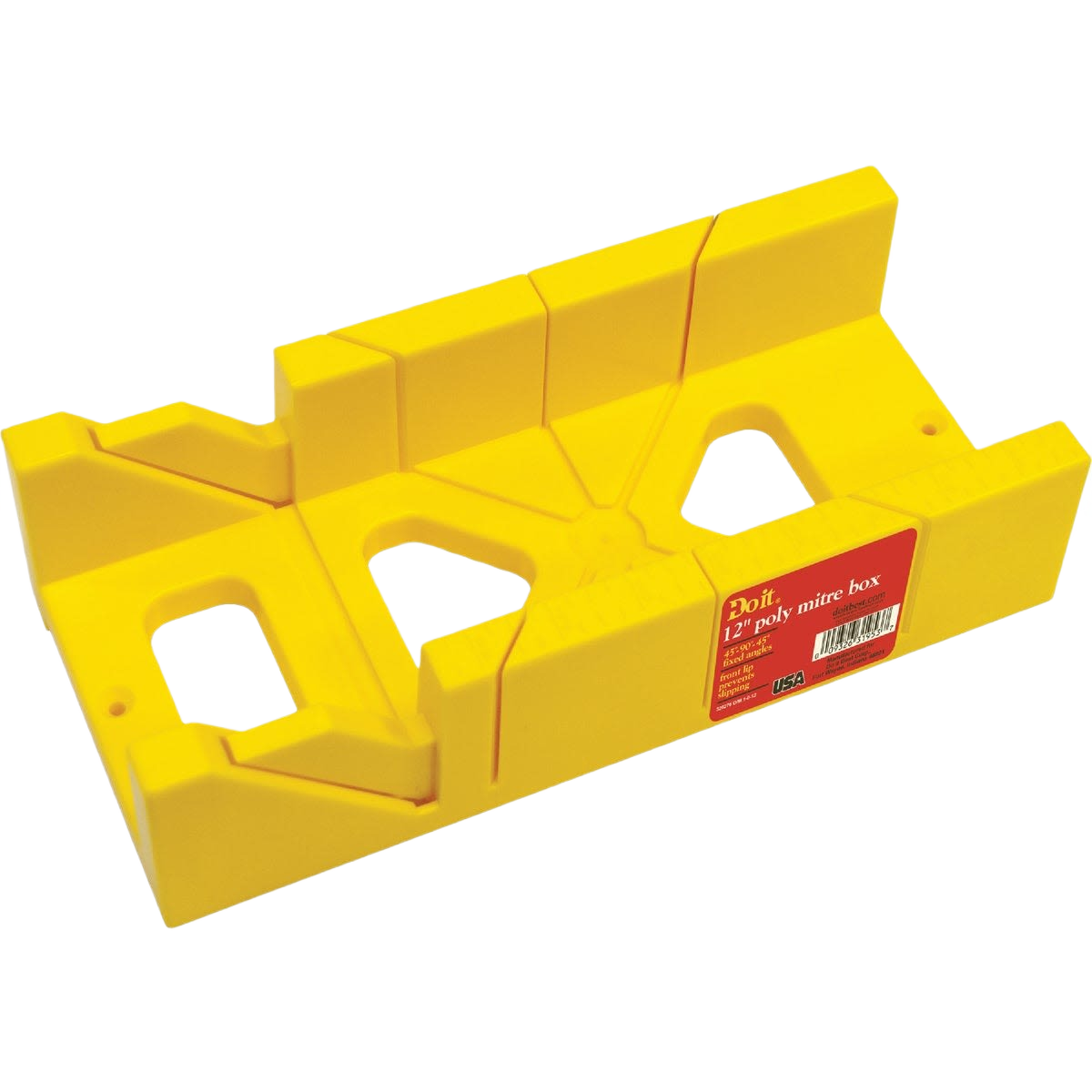 Yellow plastic miter box with angled slots for guided tool cuts, designed for home improvement projects and woodworking.