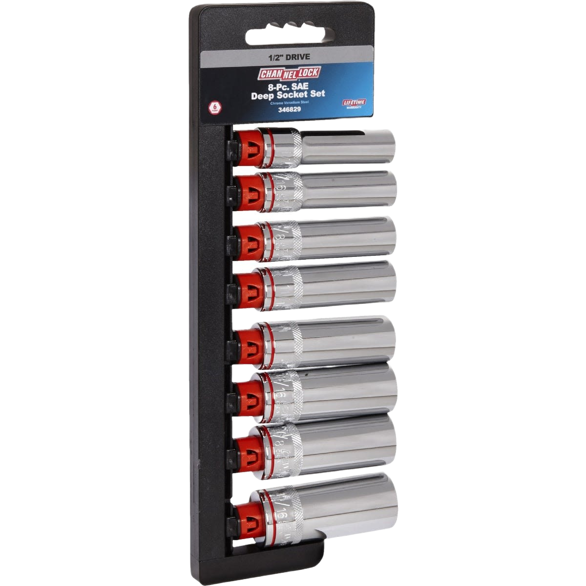 Set of eight polished deep 6-point sockets with color-coded bands in packaging for hand tools and home improvement use