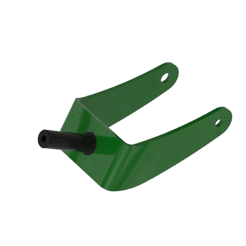 Green metal yoke with mounting holes and black axle pin designed for tractor wheels and tires installation
