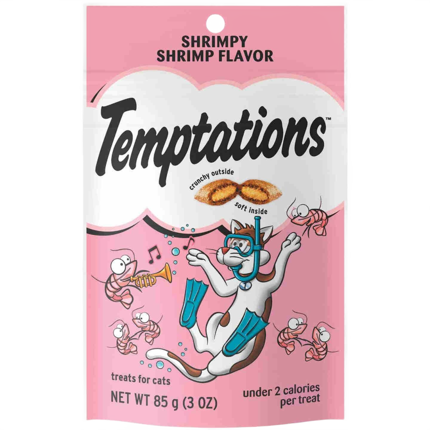 Pink package of Temptations cat treats featuring a diving cat and shrimp illustrations for shrimp-flavored snacks