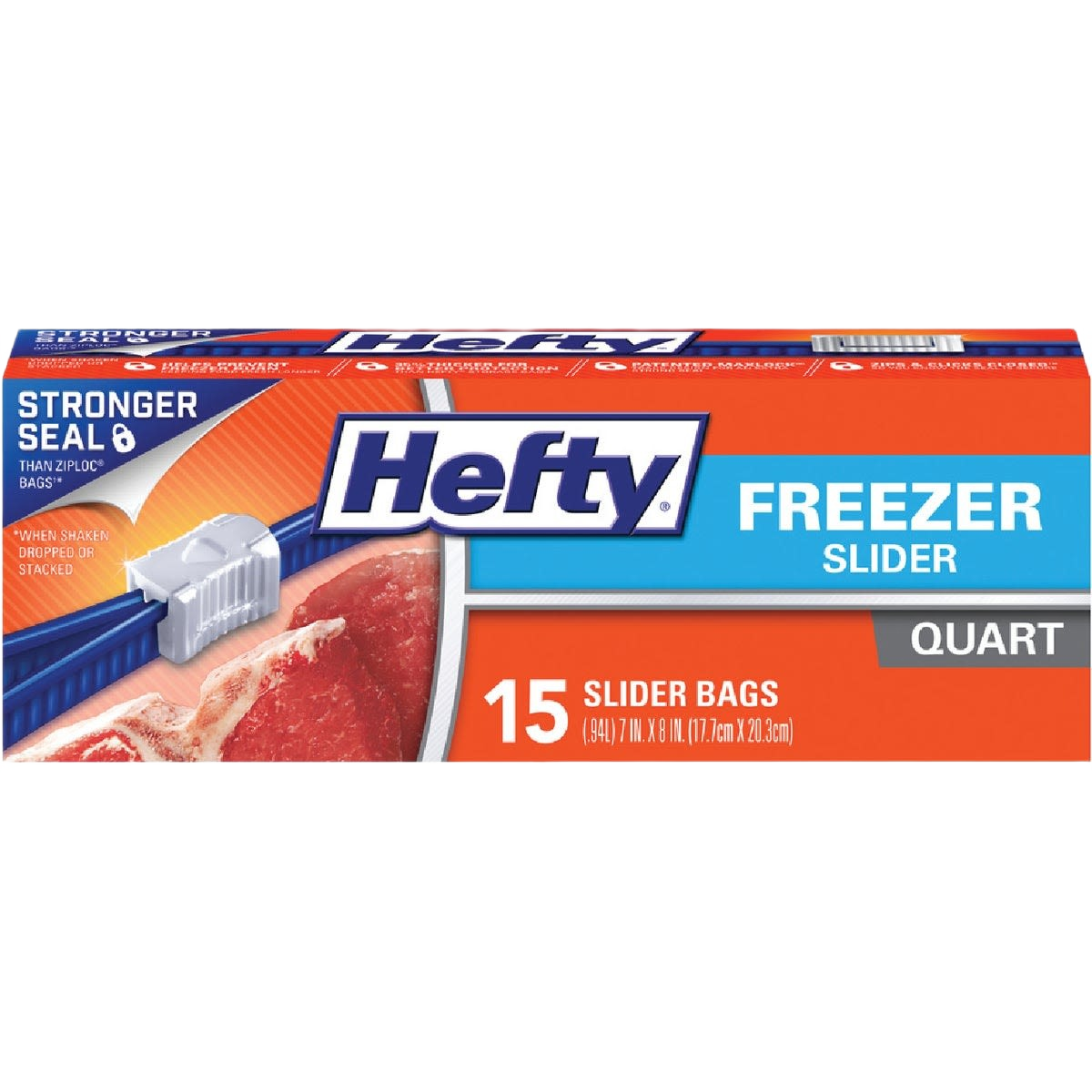 Packaging of Hefty slider freezer bags featuring a bold blue and orange design for kitchen food storage organization