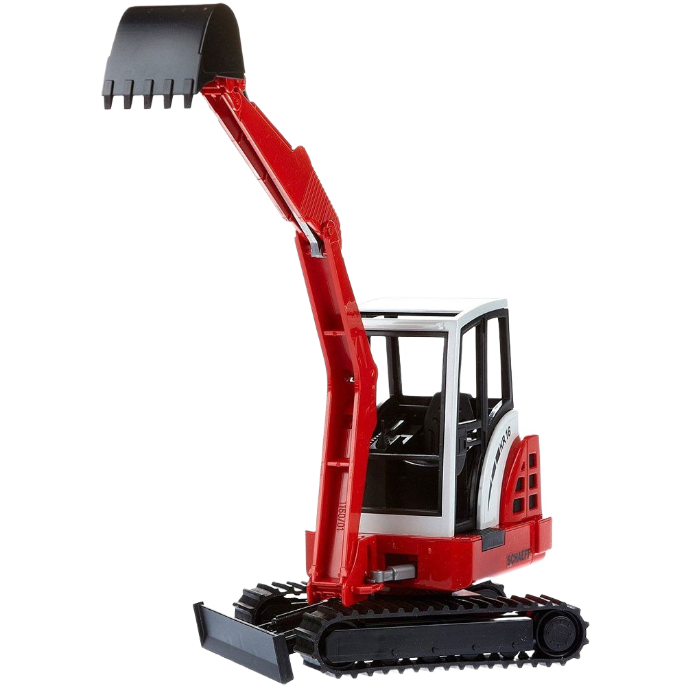 Red and white compact mini excavator toy with tracked base and raised black digging bucket for construction play
