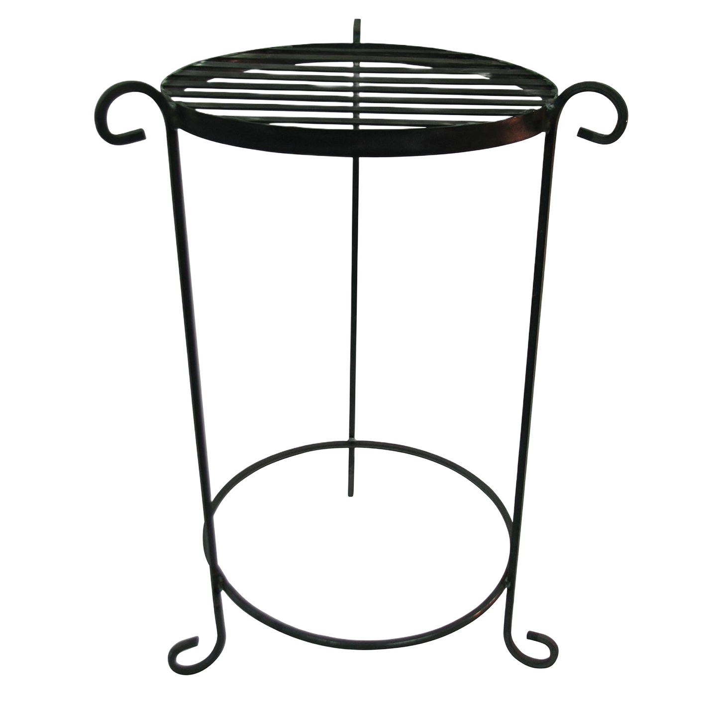Black metal outdoor side table with round slatted top and decorative curled legs for lawn and garden use