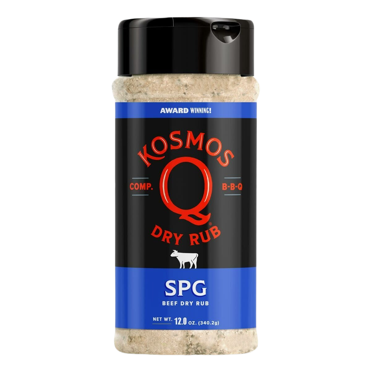 Black bottle of Kosmos Q SPG dry rub with blue label, seasoning for grilling and BBQ sauces and spices collection