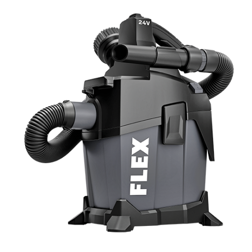Portable gray and black wet and dry vacuum with flexible hoses designed for tools and home improvement tasks