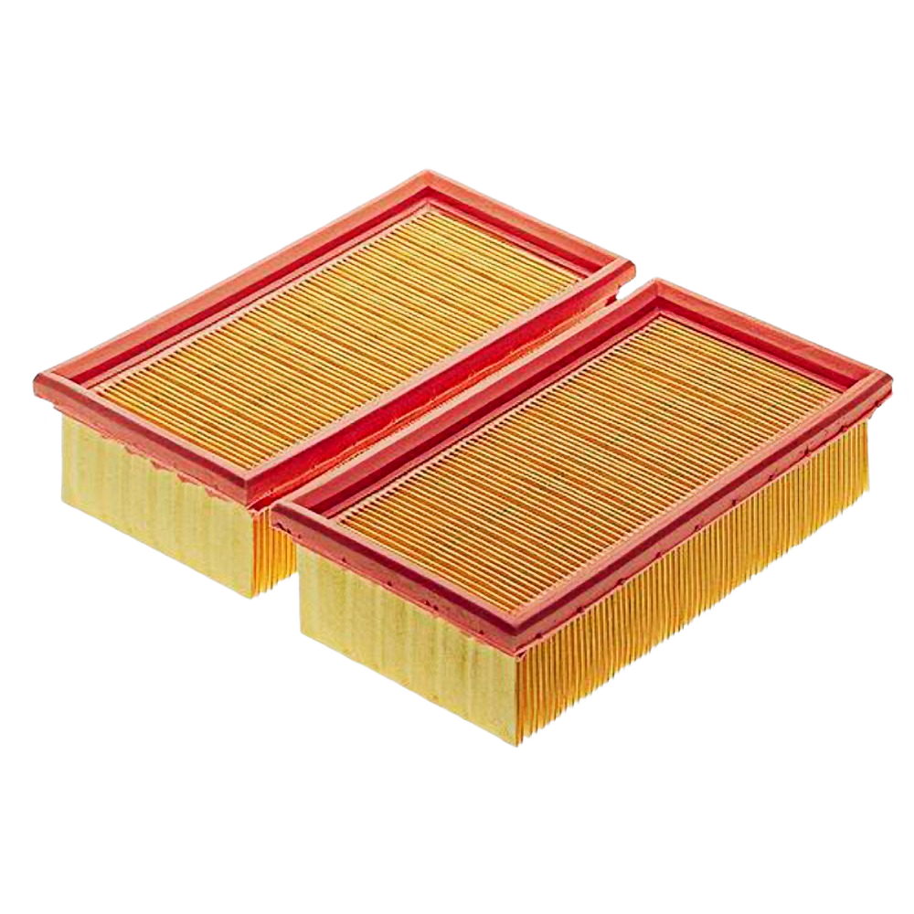 Pair of rectangular replacement dust extractor filters with red frames for woodworking and dust management tools