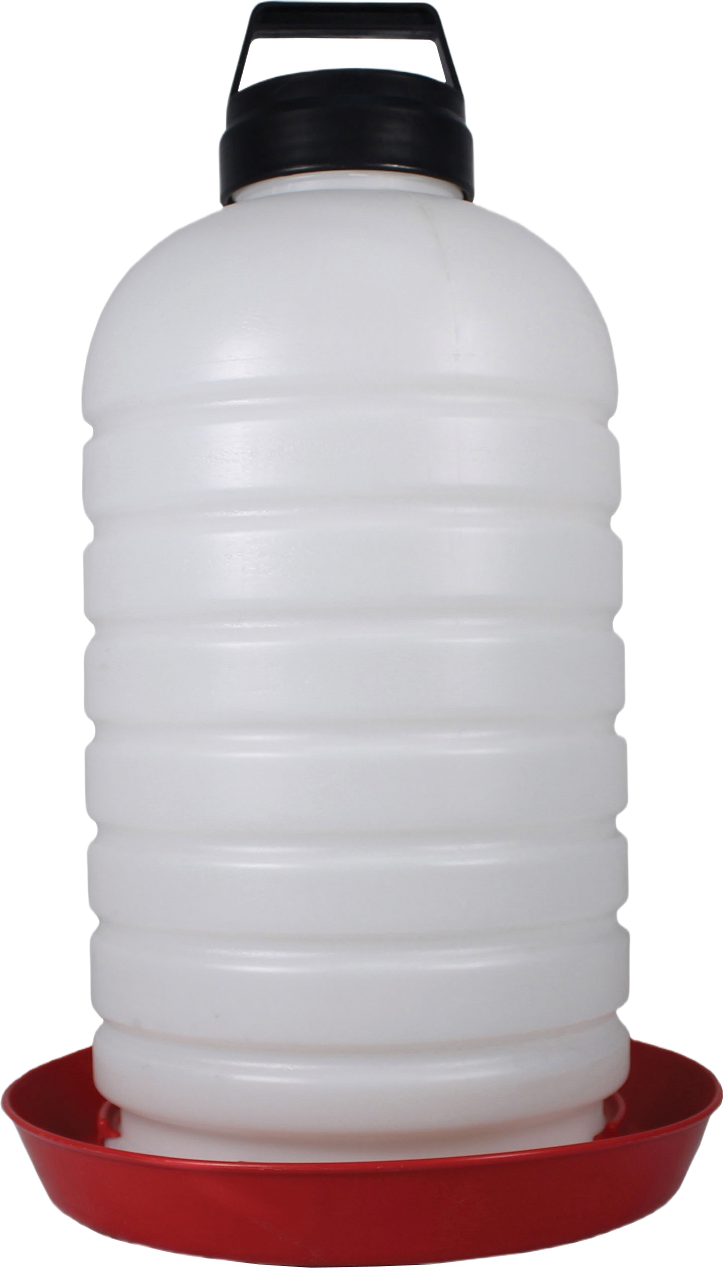 White plastic poultry waterer with black handle top and red base tray designed for farm animal hydration