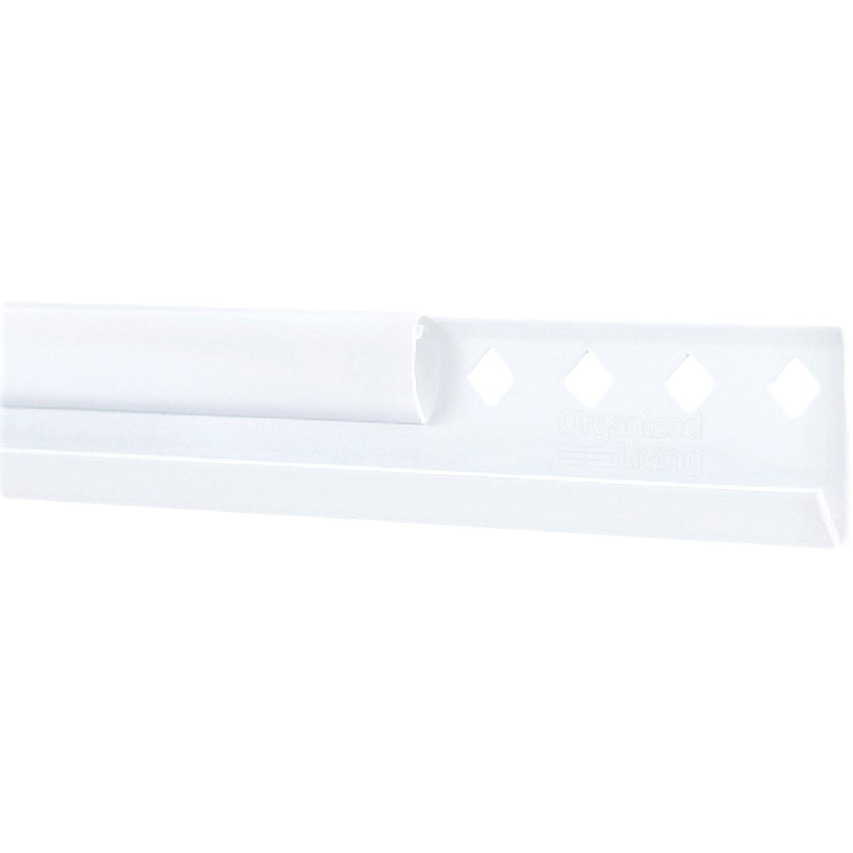 White epoxy-coated steel hanging rail with rosette anchor for durable storage and organization under $50 collections