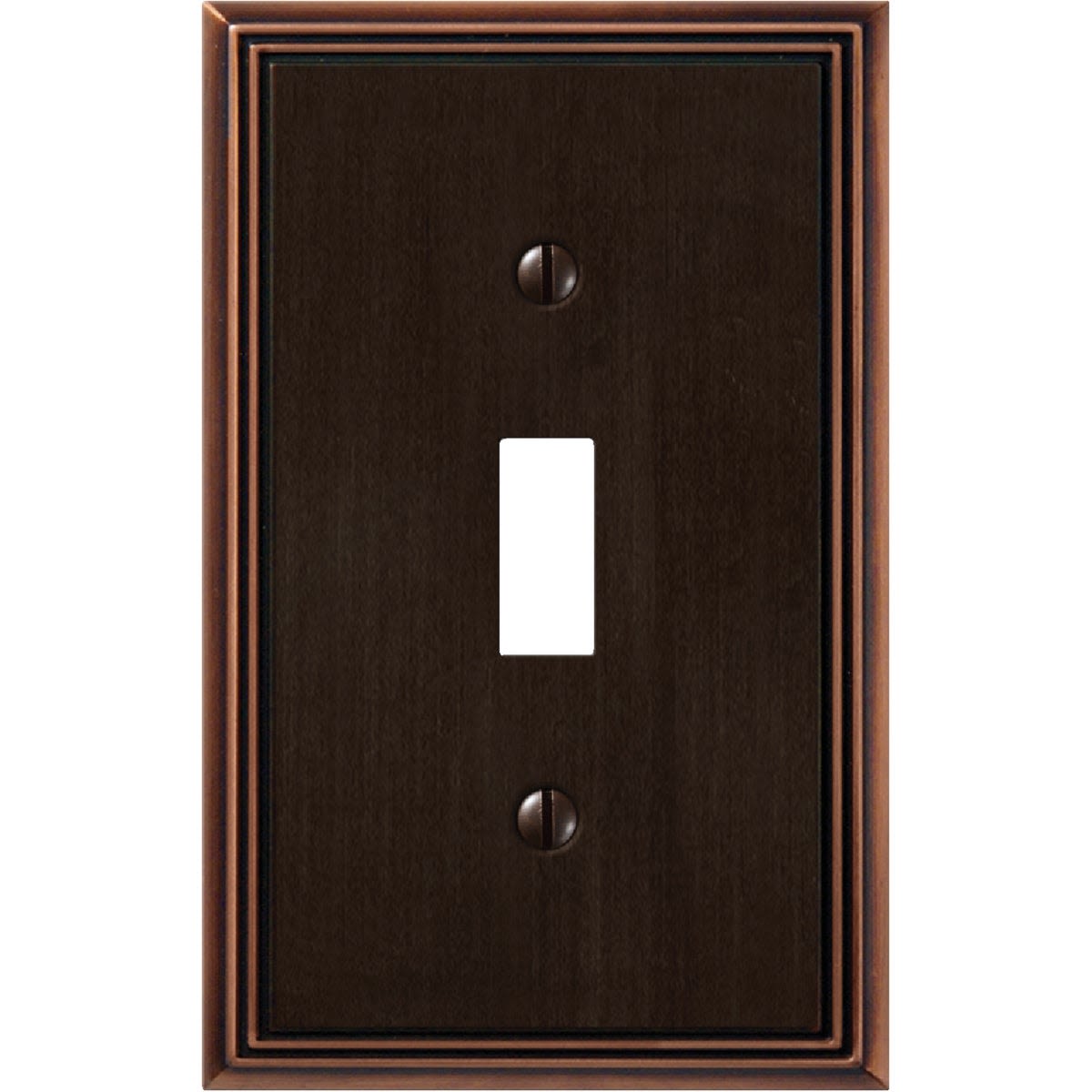 Decorative aged bronze 1-gang metal toggle switch wall plate with raised edge detailing for home improvement use