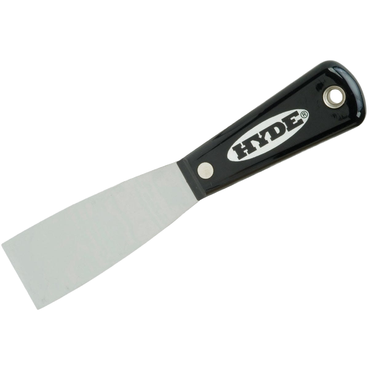 Black and silver stiff putty knife with durable handle for professional home improvement and tools use