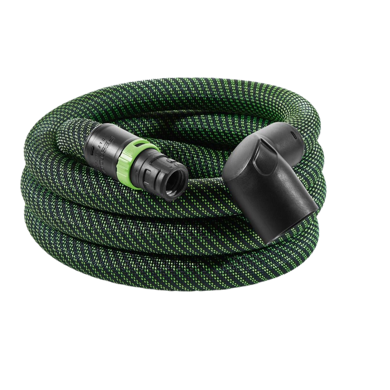 Coiled anti-static extractor hose with green and black braided exterior and 90-degree black plastic connector for tools