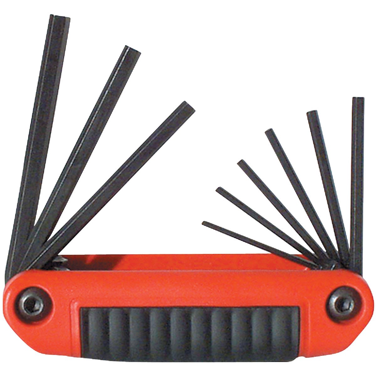 Red-handled 9-piece folding hex key set with medium-length black steel keys for versatile home improvement tasks
