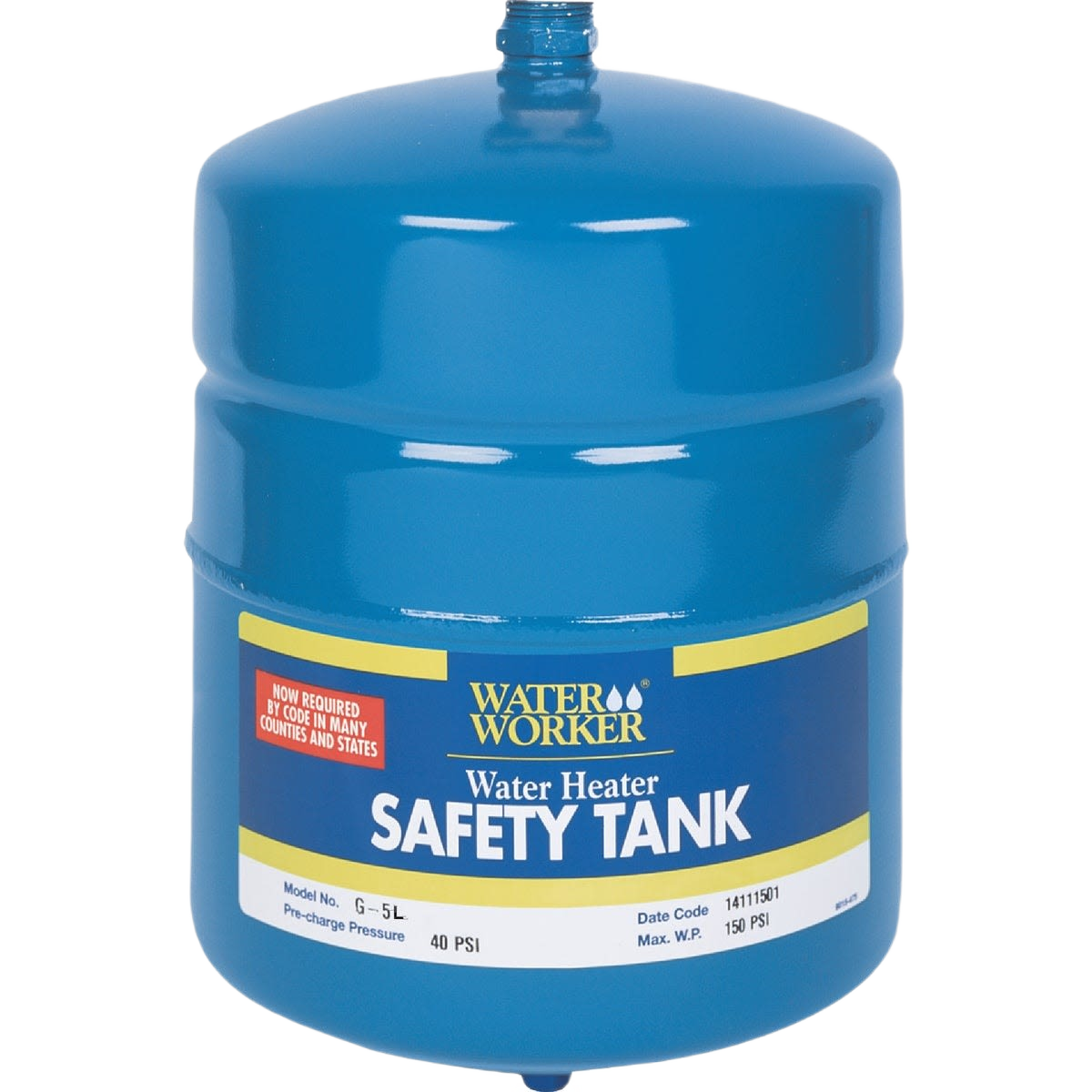 Blue water heater safety tank designed for pressure management in home improvement plumbing systems