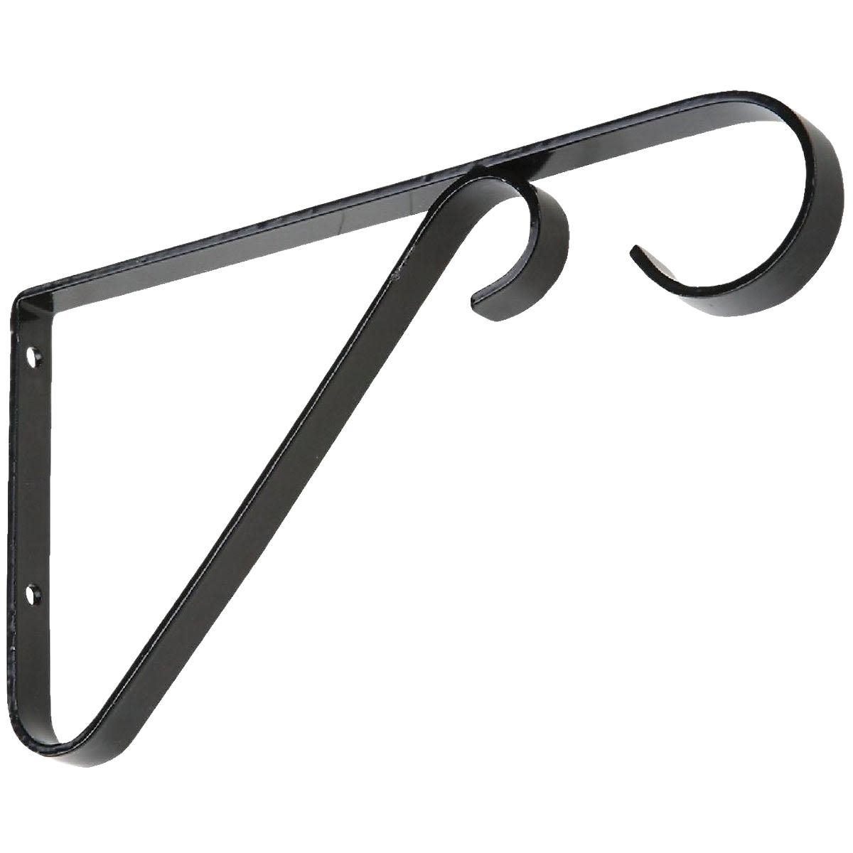 Black steel decorative hanging bracket with curled ends for plants and home improvement use