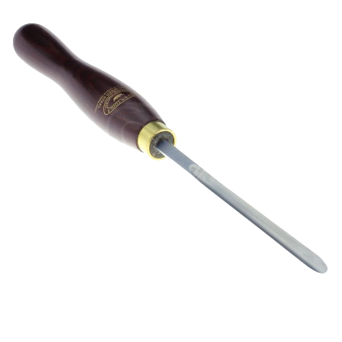 Woodturning spindle gouge with polished wooden handle and forged steel blade for precision woodworking tasks