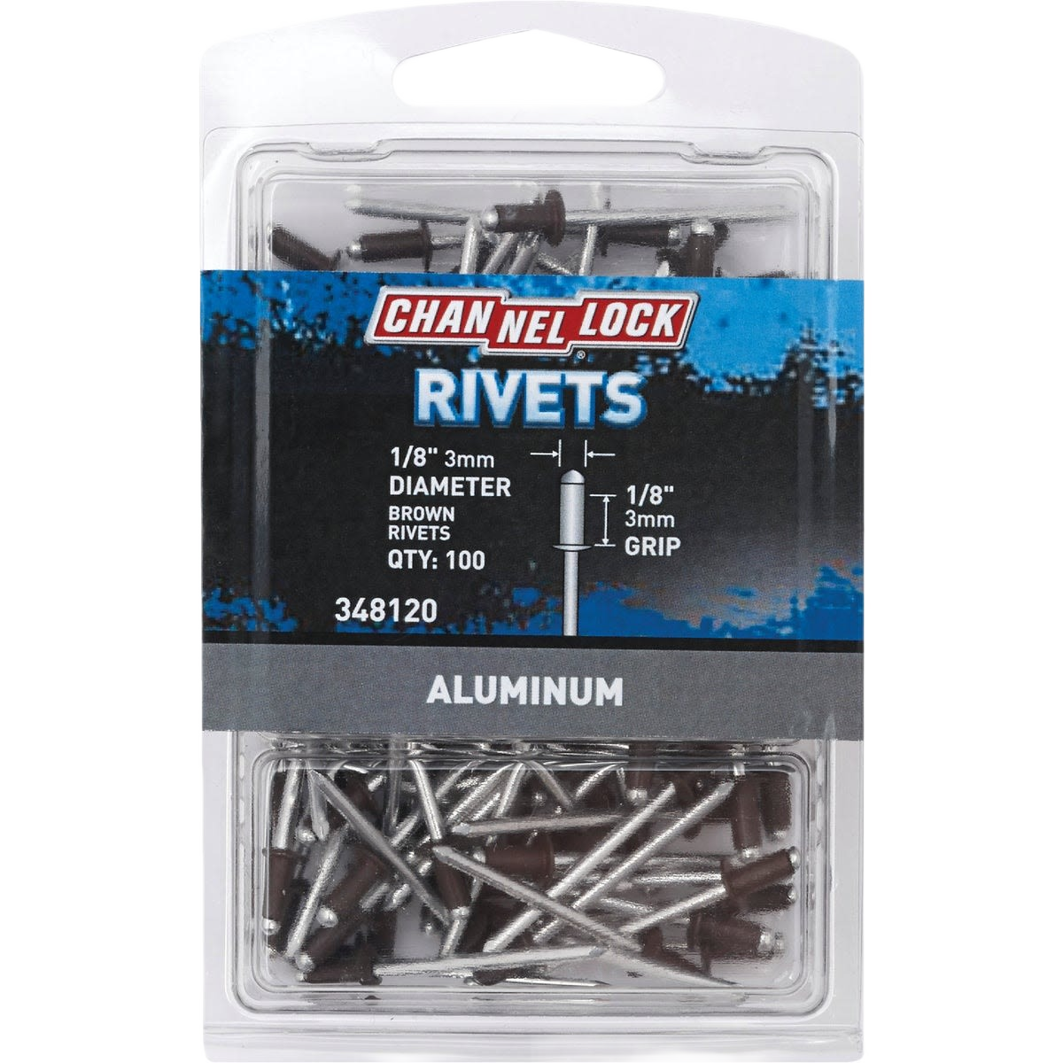 Clear plastic pack of 1/8 inch aluminum grip rivets with brown heads, 100 pieces for home improvement tools use