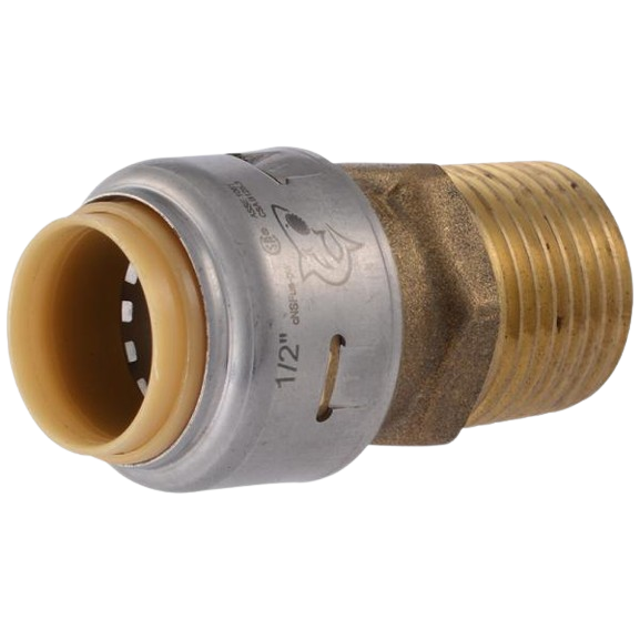 Brass push-to-connect male adapter with 1/2 inch thread for plumbing and home improvement tools applications