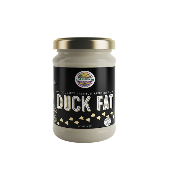 14-ounce jar of gourmet rendered duck fat with black label for grilling and food & beverage collections