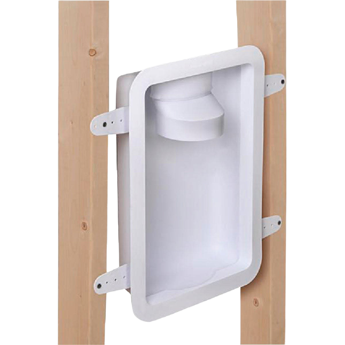 White recessed dryer vent box mounted between wooden studs for appliance parts and home improvement use