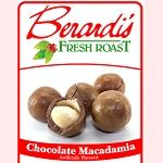 Round chocolate-covered macadamia nuts in a white packaging labeled Berardi Fresh Roast chocolate macadamia nut coffee beans