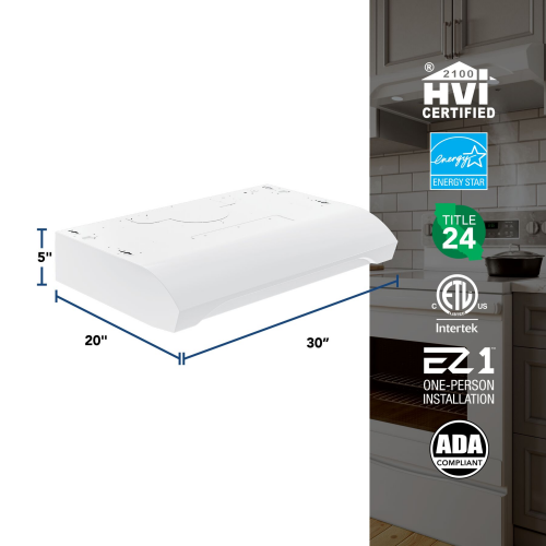 White under-cabinet range hood with 350 CFM blower and energy certifications for kitchen and home improvement.