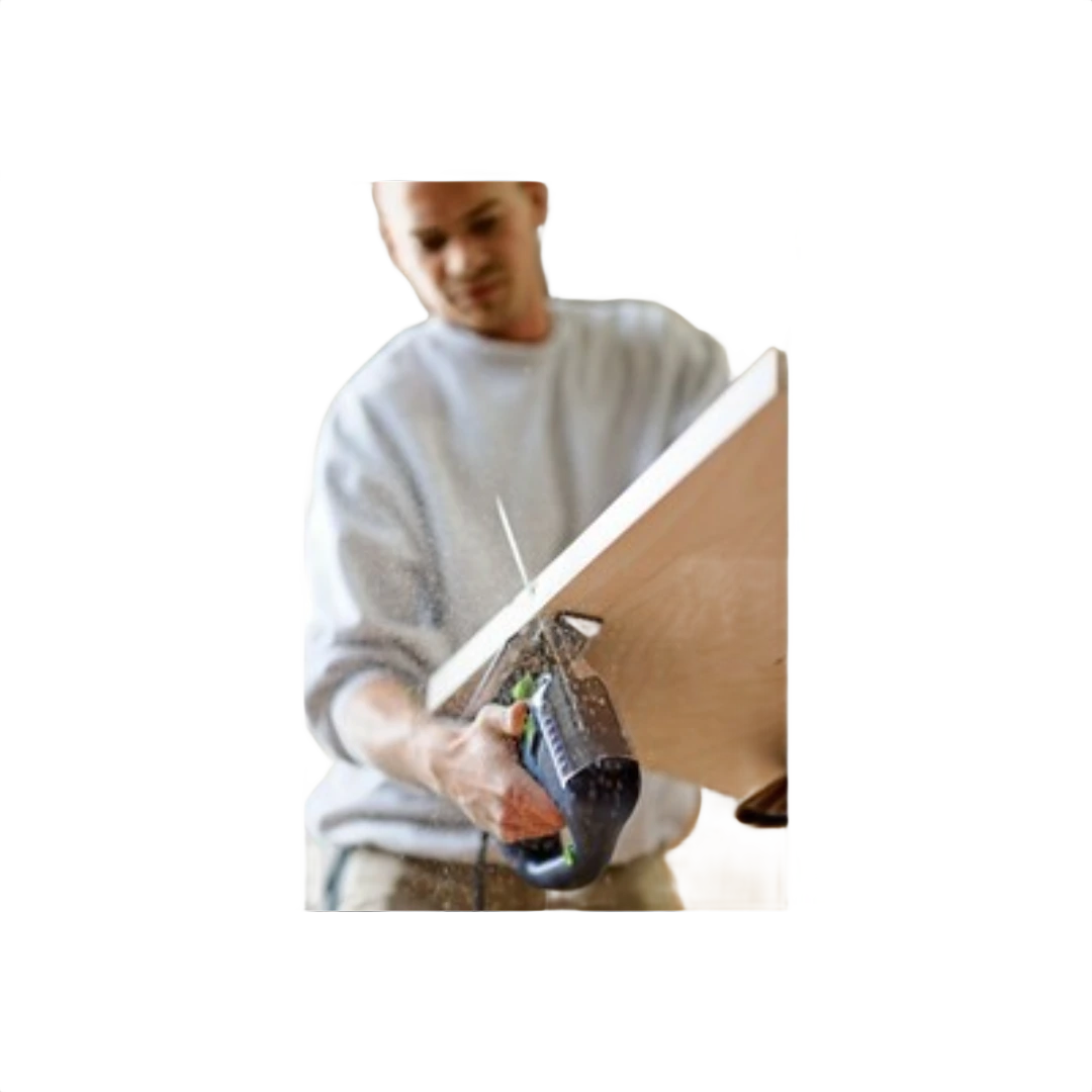 Person using a green and black jigsaw with Festool angle base attachment cutting a wooden board during home improvement tasks