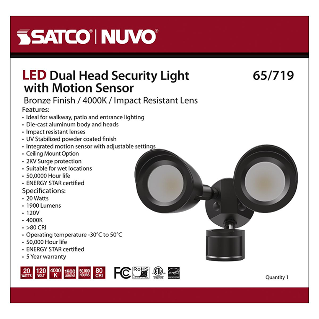 Bronze dual-head LED security light with motion sensor, impact resistant lenses, and adjustable settings for outdoor lighting.